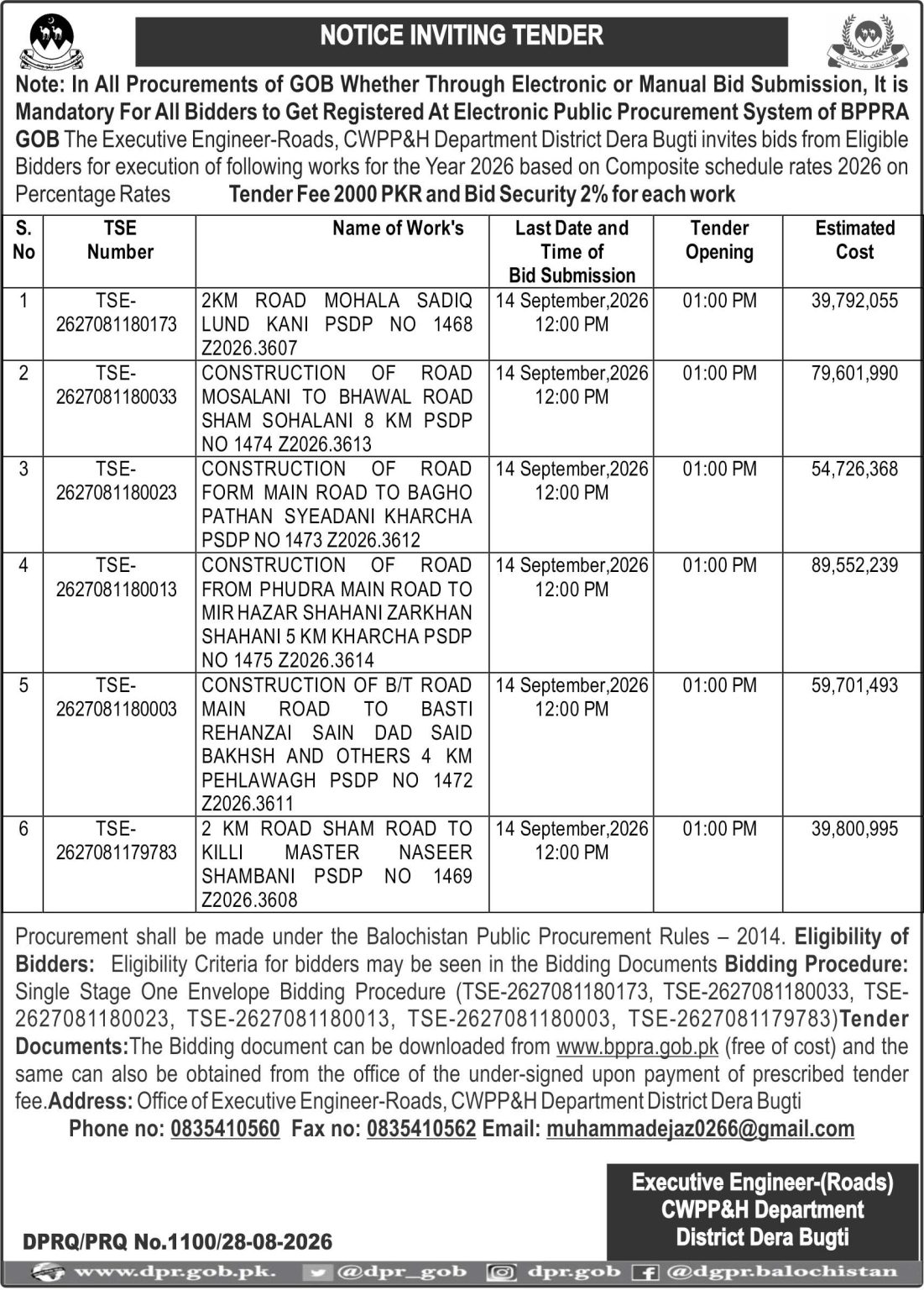 Executive Engineer Roads CWPP&H Department District Dera Bugti (NIT)