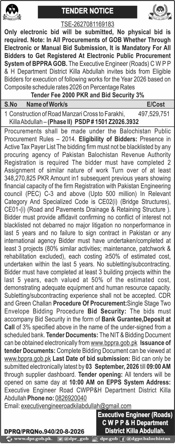 Executive Engineer Roads CWPP&H Department District Killa Abdullah (TN)