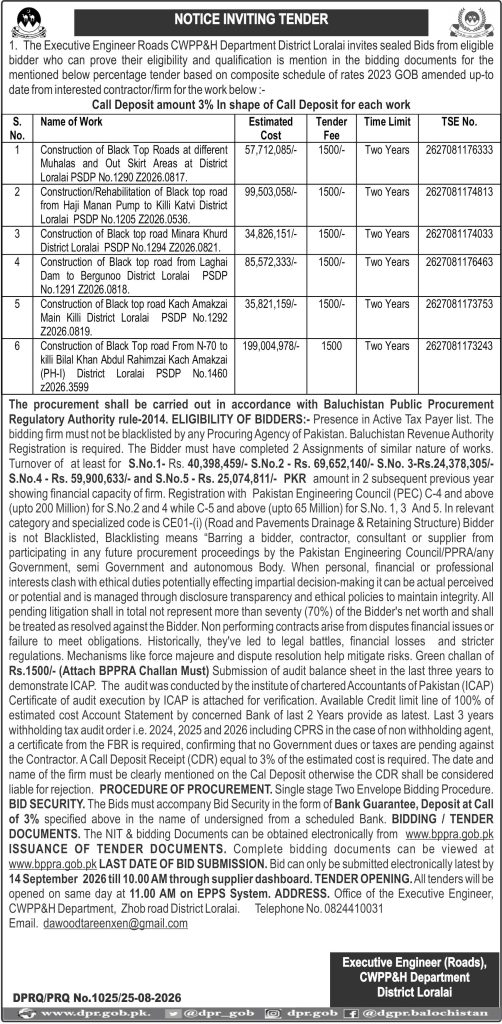 Executive Engineer (Roads(, CWPP&H Department District Loralai (NIT)