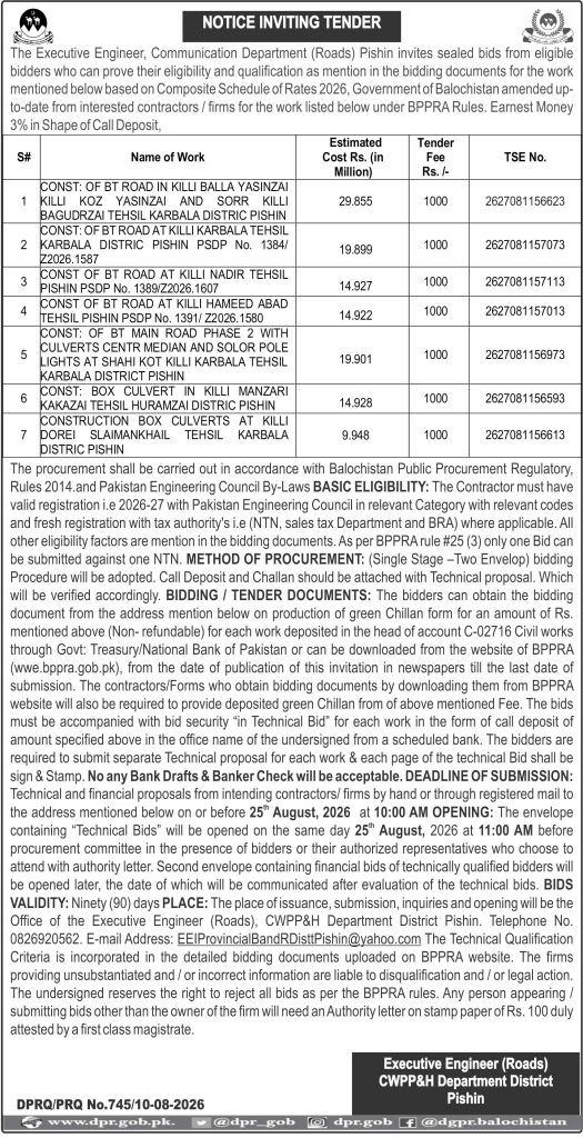 Executive Engineer Roads CWPP&H Department District Pishin (NIT)