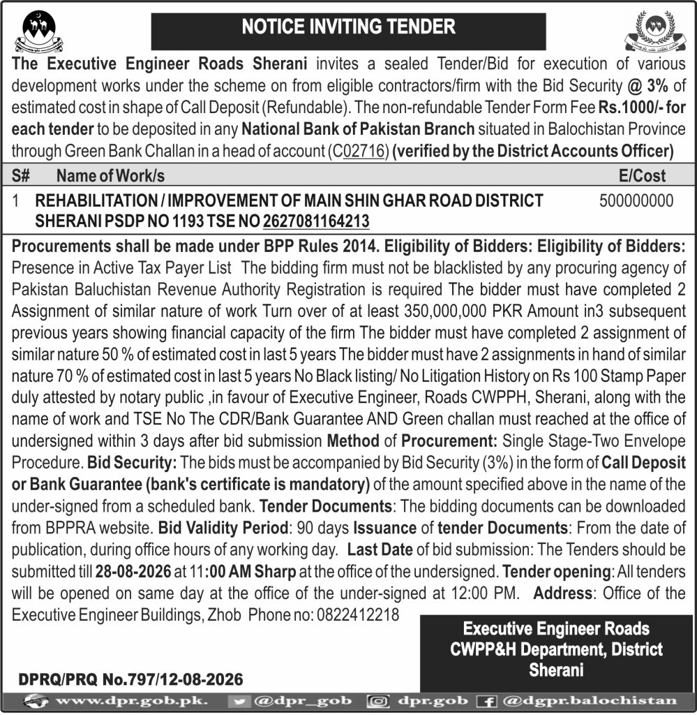 Executive Engineer Roads CWPP&H Department, District Sherani (NIT)