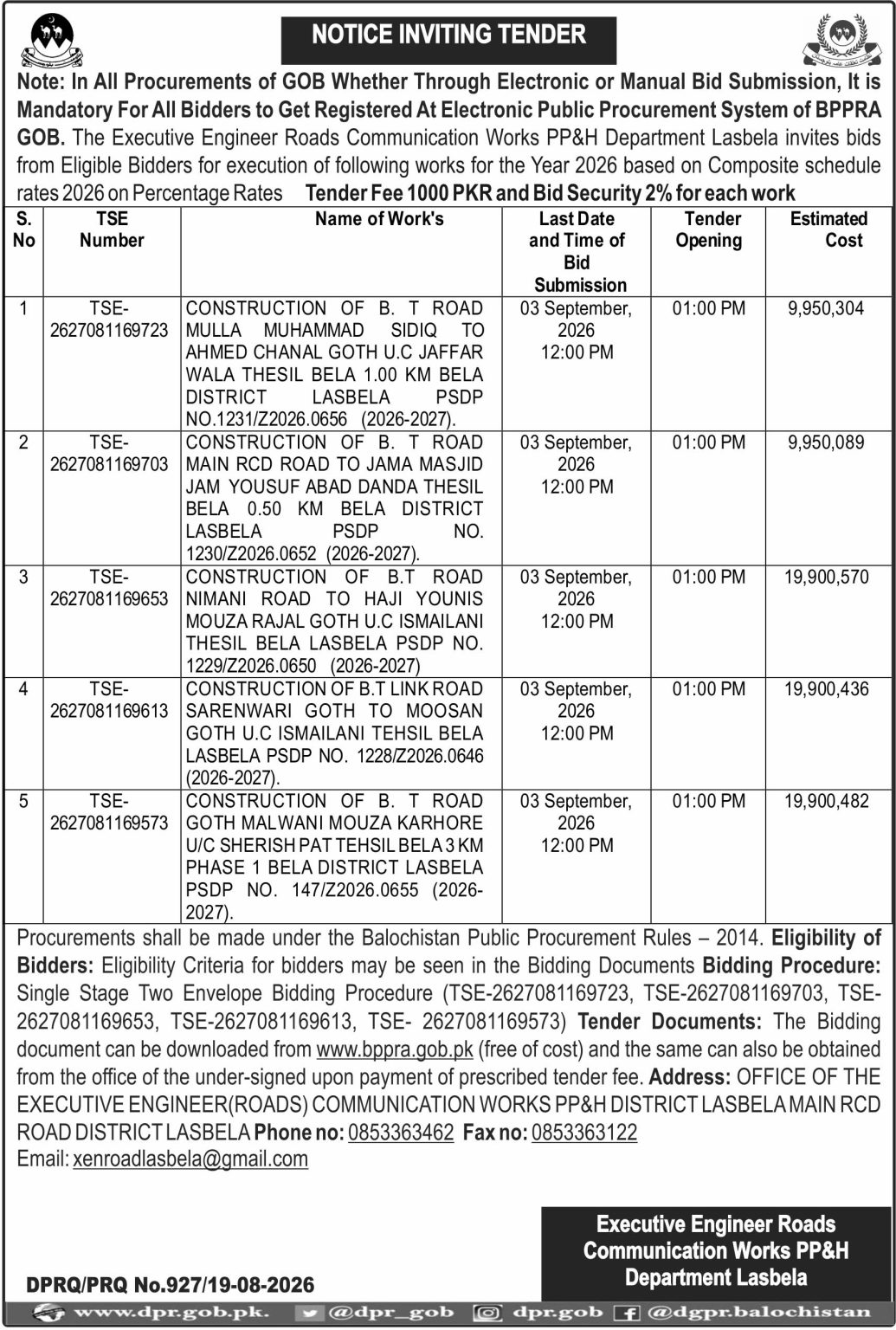 Executive Engineer Roads Communication Works PP&H Department Lasbela (NIT)