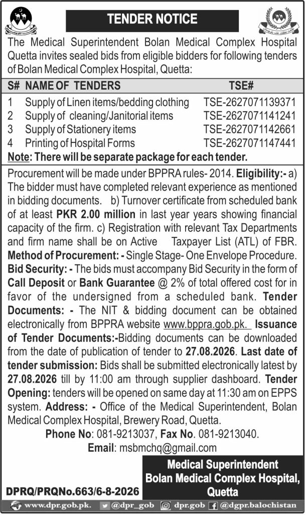 Medical Superintendent Bolan Medical Complex Hospital, Quetta (Tender Notice)
