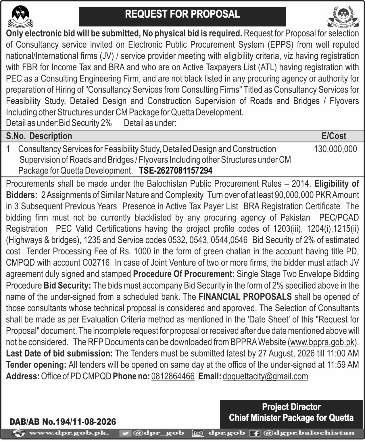 Project Director Chief Minister Package for Quetta (Proposal)