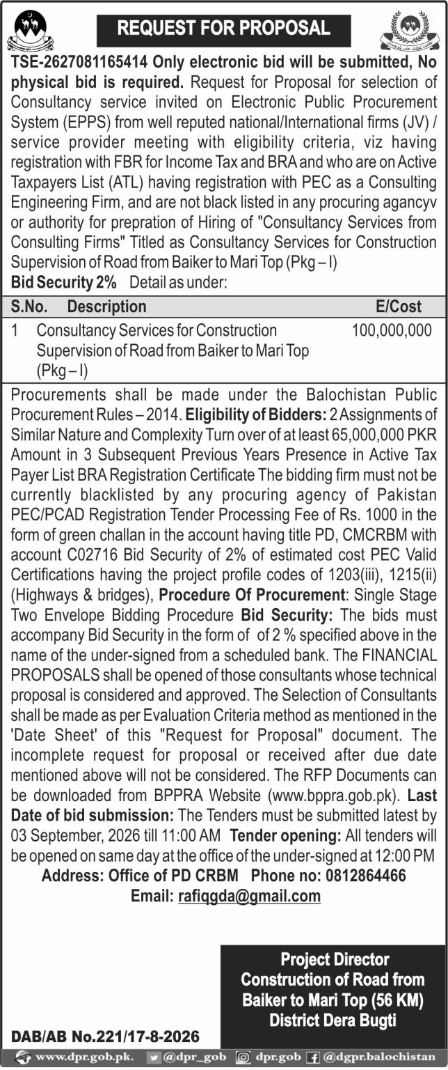 Project Director Construction of Road From Baiker to Mari Top (56 KM) Dera Bugti (Request for Proposal)
