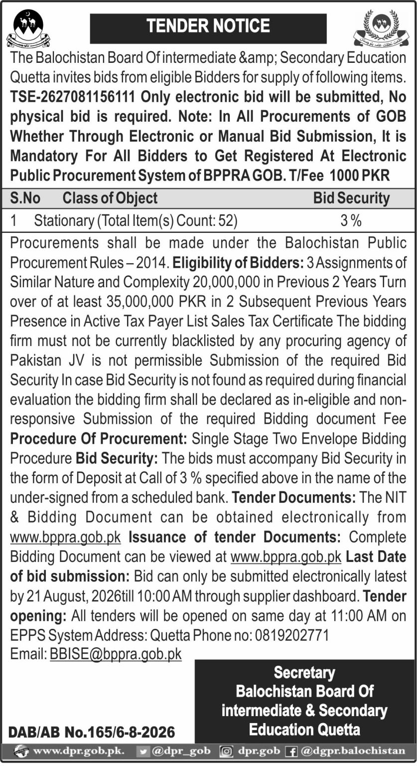 Secretary Balochistan Board of Intemediate & Secondary Education Quetta (Tender Notice)