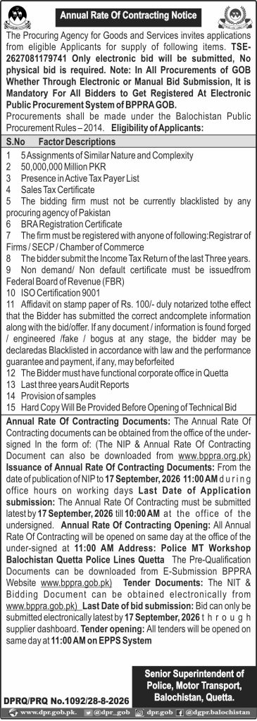 Senior Superintendent of Police Motor Transport Balochistan Qta (Annual Rate of Contracting Notice)