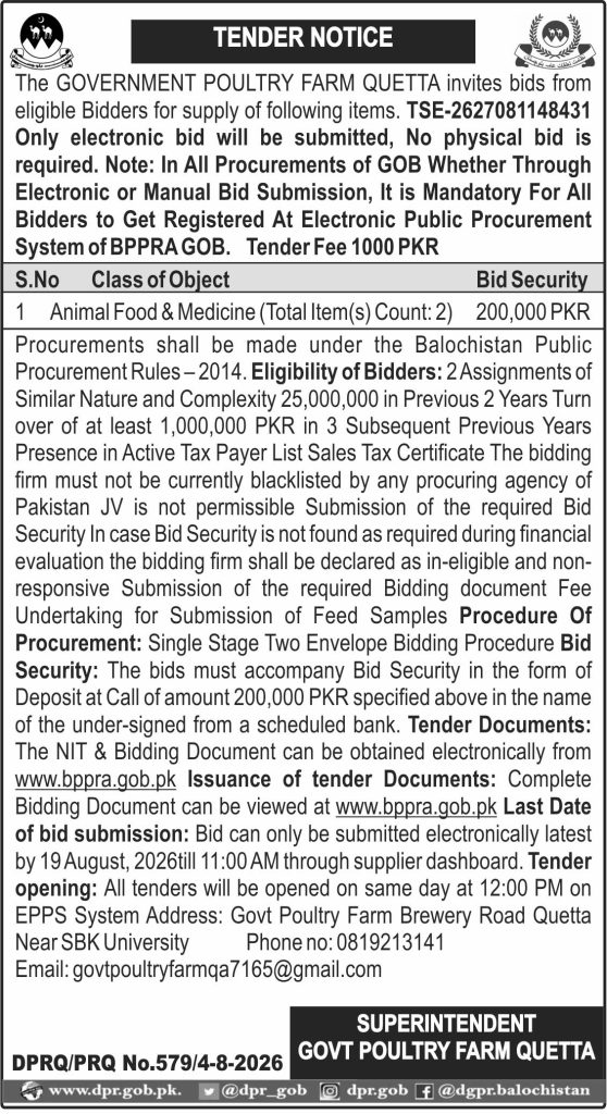 Superintendent Govt Poultry Farm Quetta (TN)
