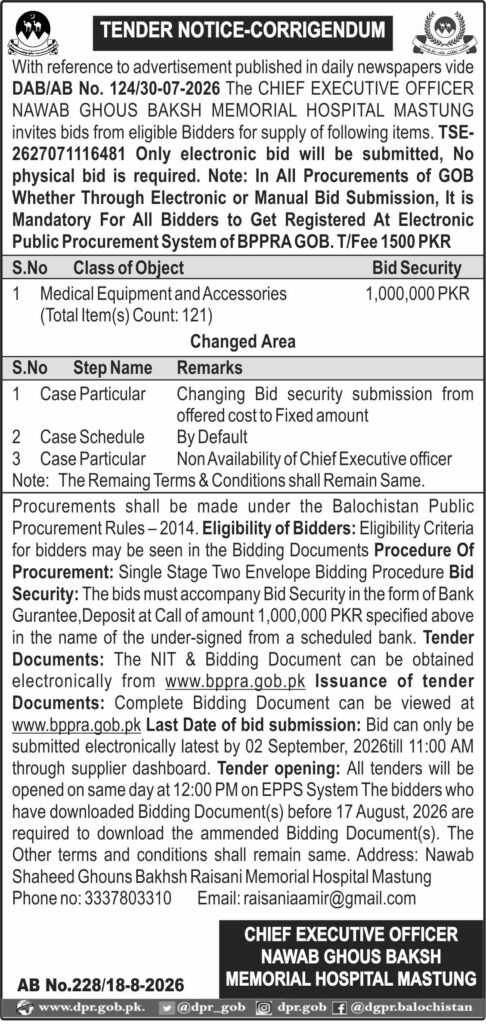 CHief Executive Officer Nawab Ghous Baksh Memorial Hospital Mastung (Tender Notice-Corrigendum)