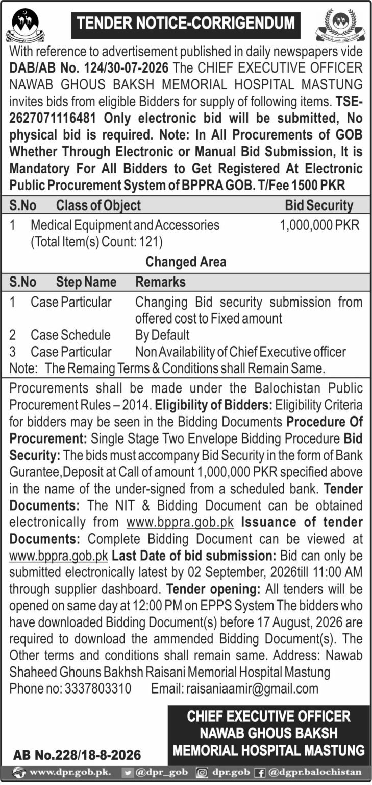 CHief Executive Officer Nawab Ghous Baksh Memorial Hospital Mastung (Tender Notice-Corrigendum)