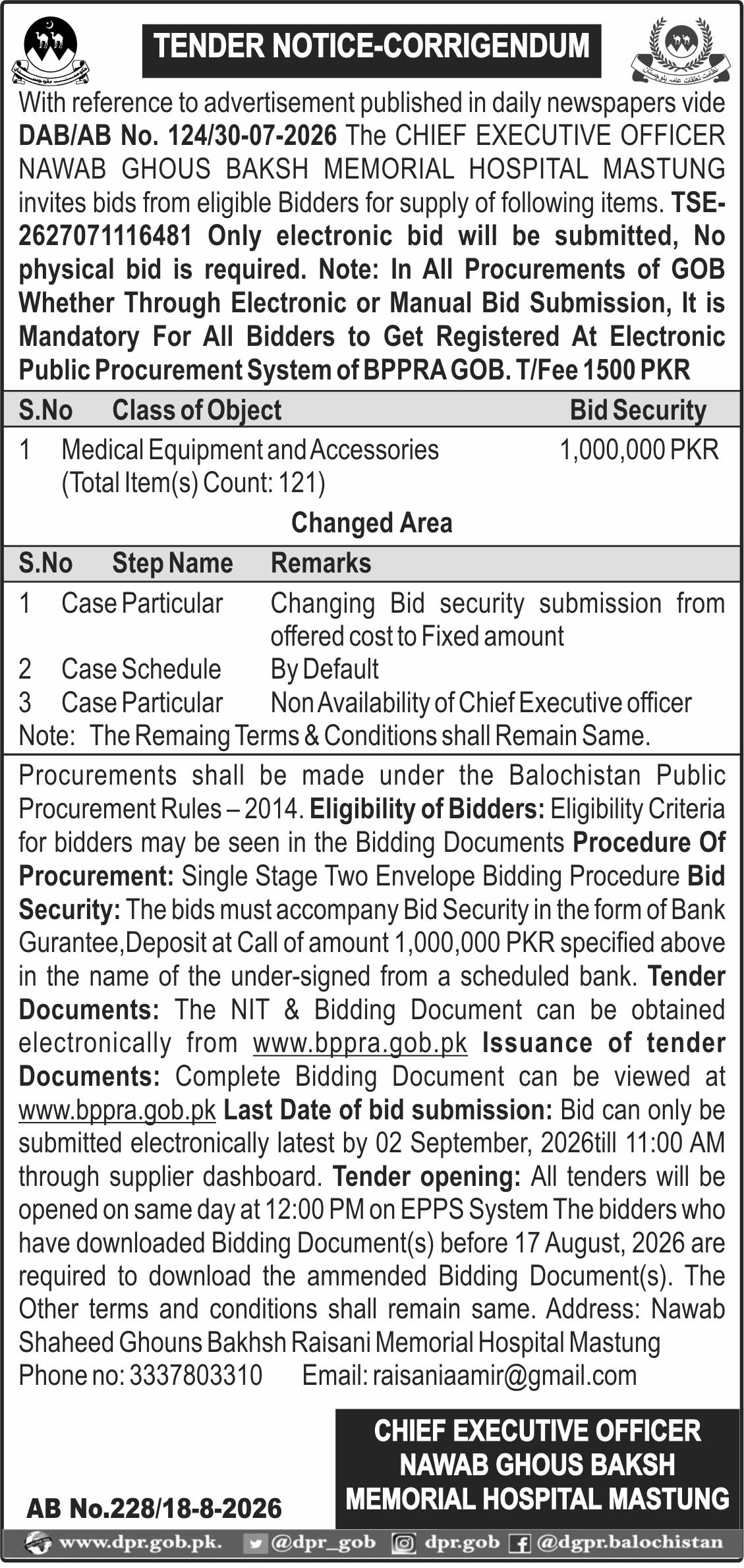 CHief Executive Officer Nawab Ghous Baksh Memorial Hospital Mastung (Tender Notice-Corrigendum)