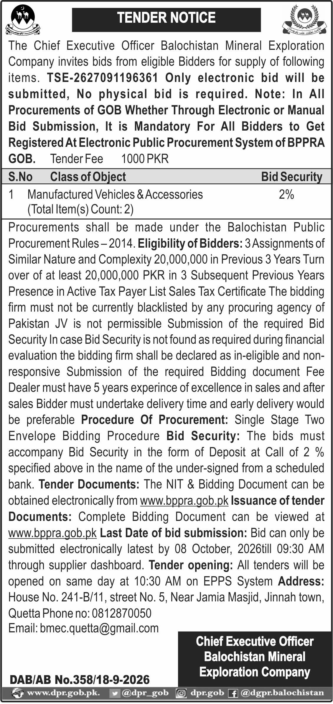 Chief Executive Officer Balochistan Mineral Exploration Company (TN)