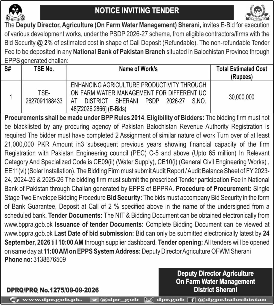 Deputy Director Agriculture On Farm Water Management District Sherani )NIT)