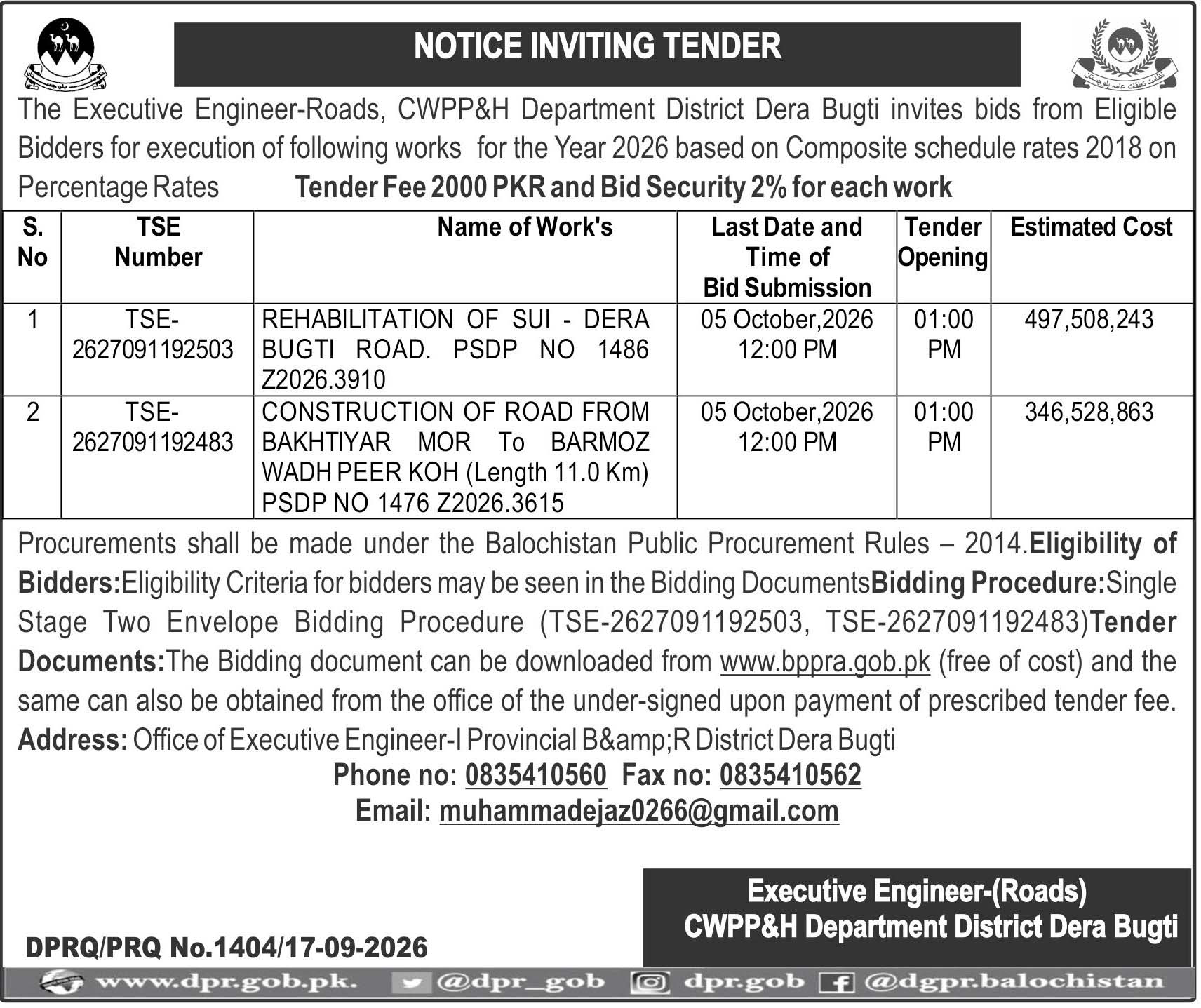 Execitove Emgomeer Rpads CW{{&H Department District Dera Bugti (NIT)