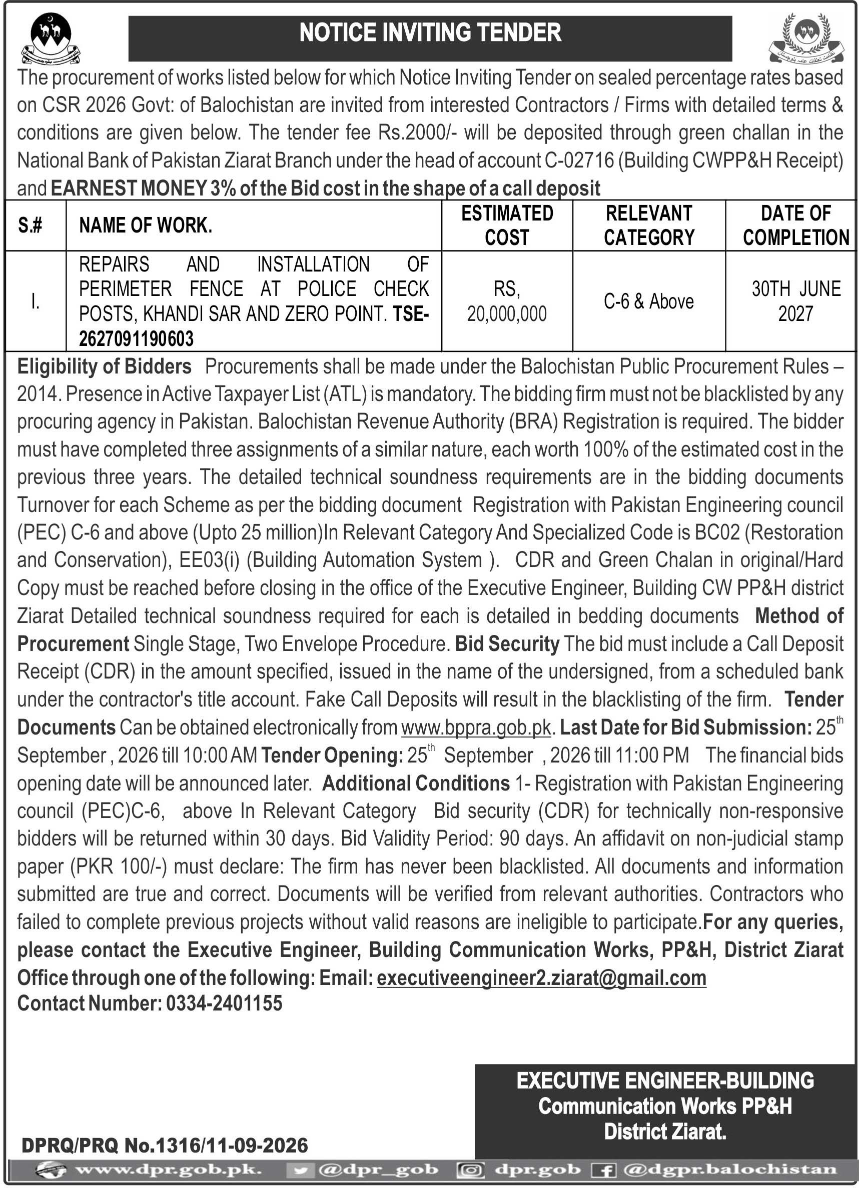 Executive Engineer Building Communication Works PP&H District Ziarat (NIT)