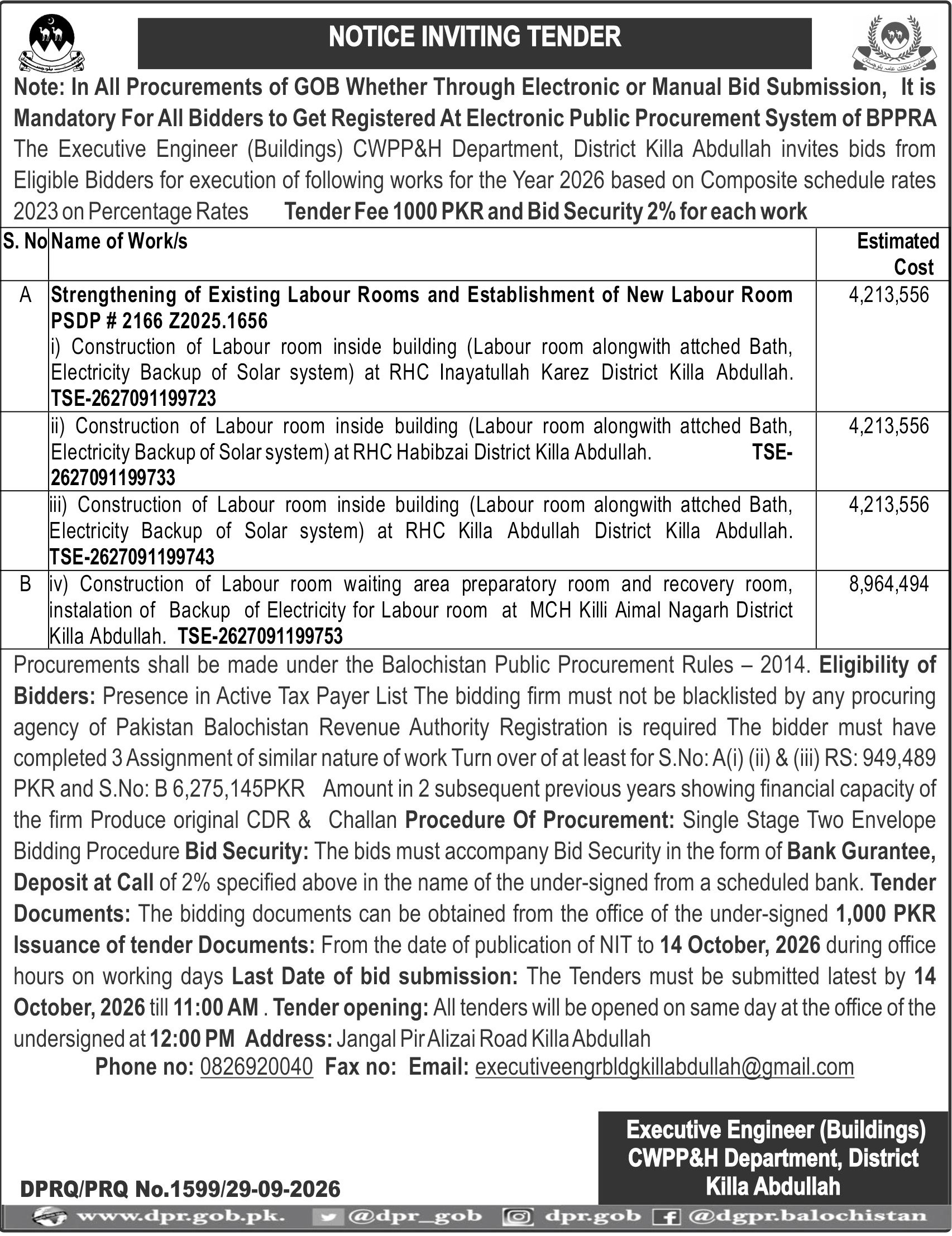 Executive Engineer Buildings CWQPP&H Department District Killa Abdullah (NIT)