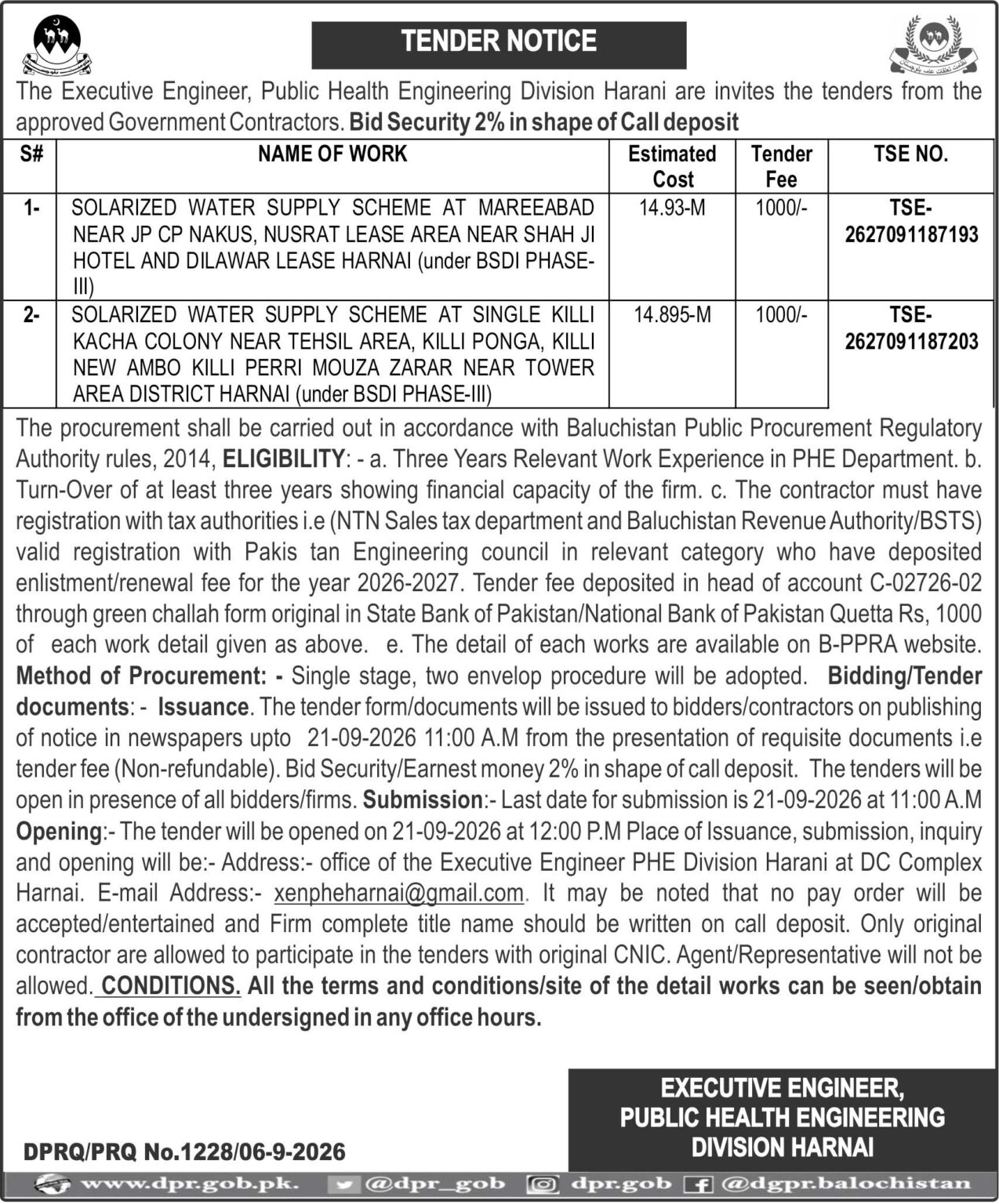 Executive Engineer Public Health Engineering Division Harnai (TN)
