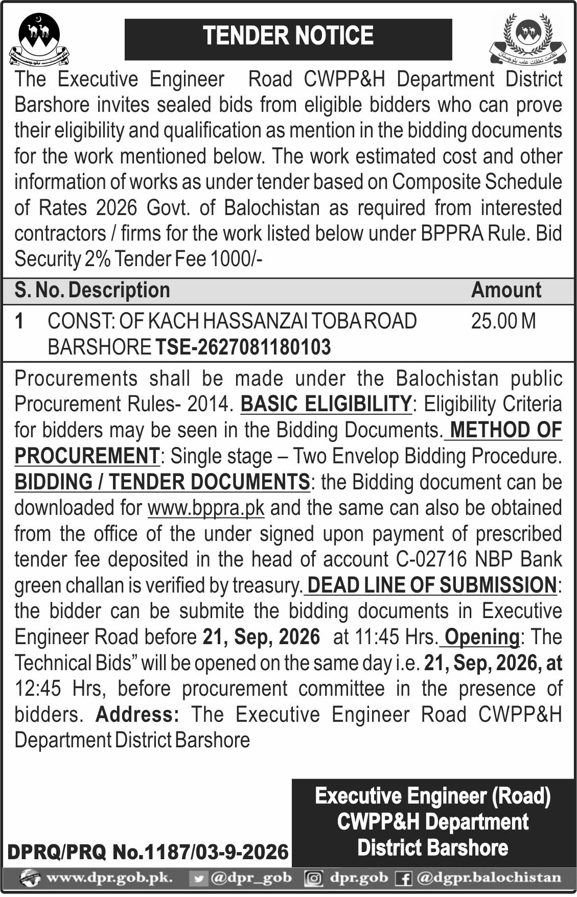 Executive Engineer Road CWPP&H Department District Barshore (TN)