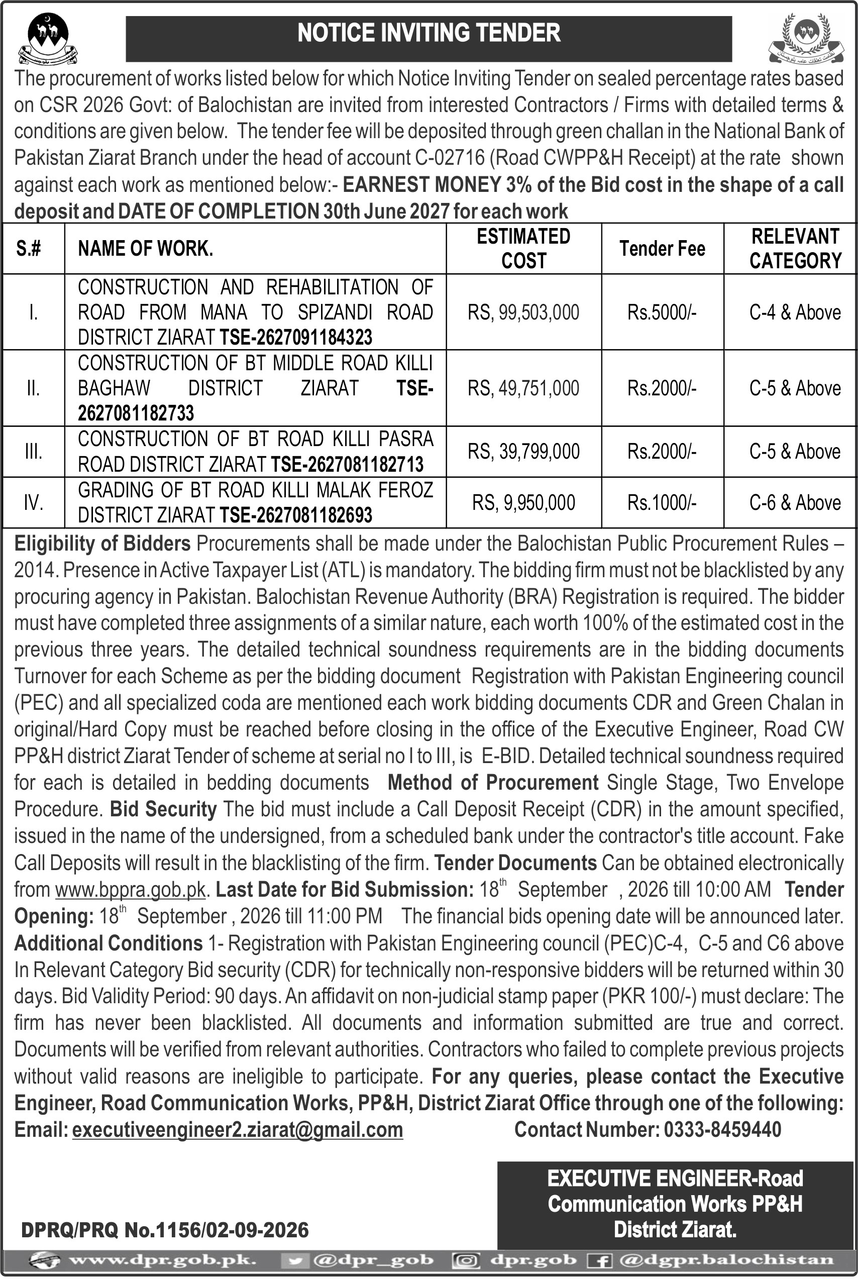 Executive Engineer Road Communication Works PP&H Disrtict Ziarat (NIT)