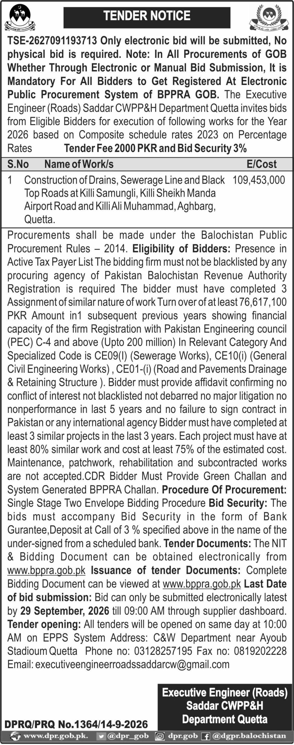 Executive Engineer Roads Saddar CWPP&H Department Qta (TN)