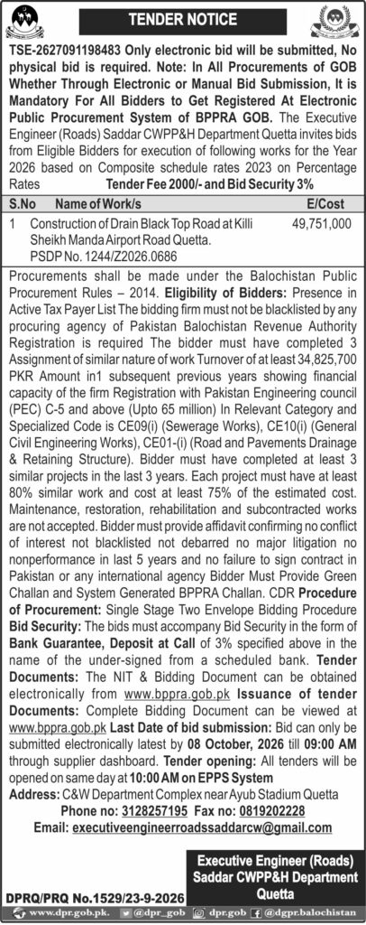 Executive Engineer Roads Saddar CWPP&H Department Quetta (TN)