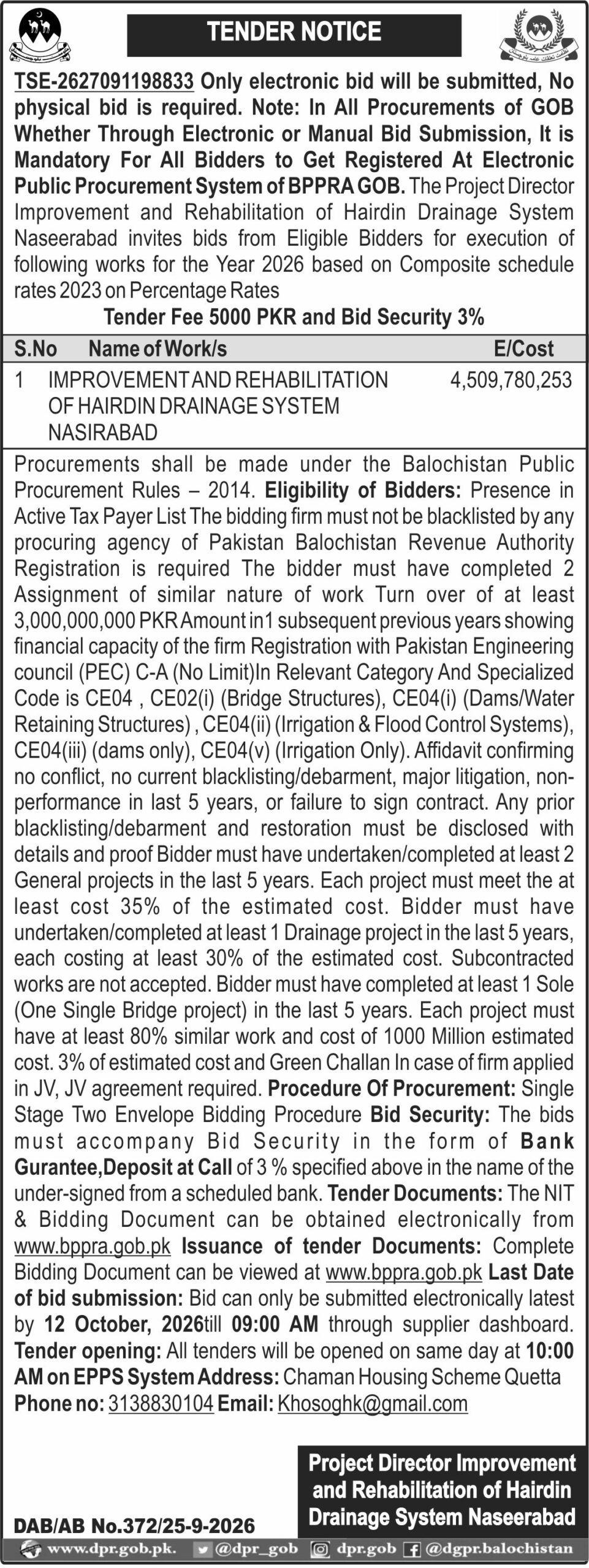 Project Director Improvement and Rehabilitation of Hairdin Drainage System Naseerabad (TN)