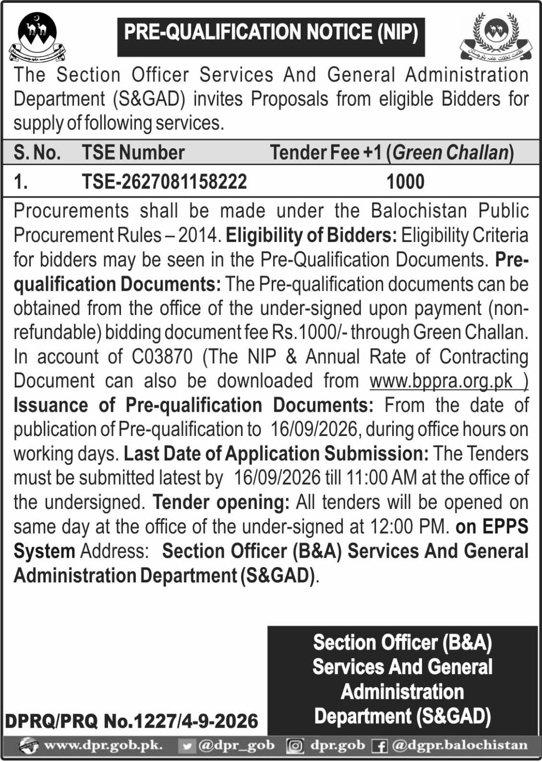 Section Officer (B&A) Services and General Administration Department -S&GAD (Pre_Qualification Notic - NIP)