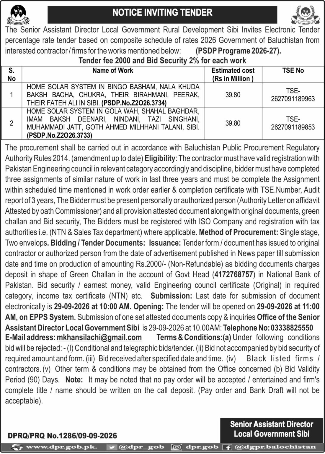 Senior Assistant Director Local Government Sibi (NIT)