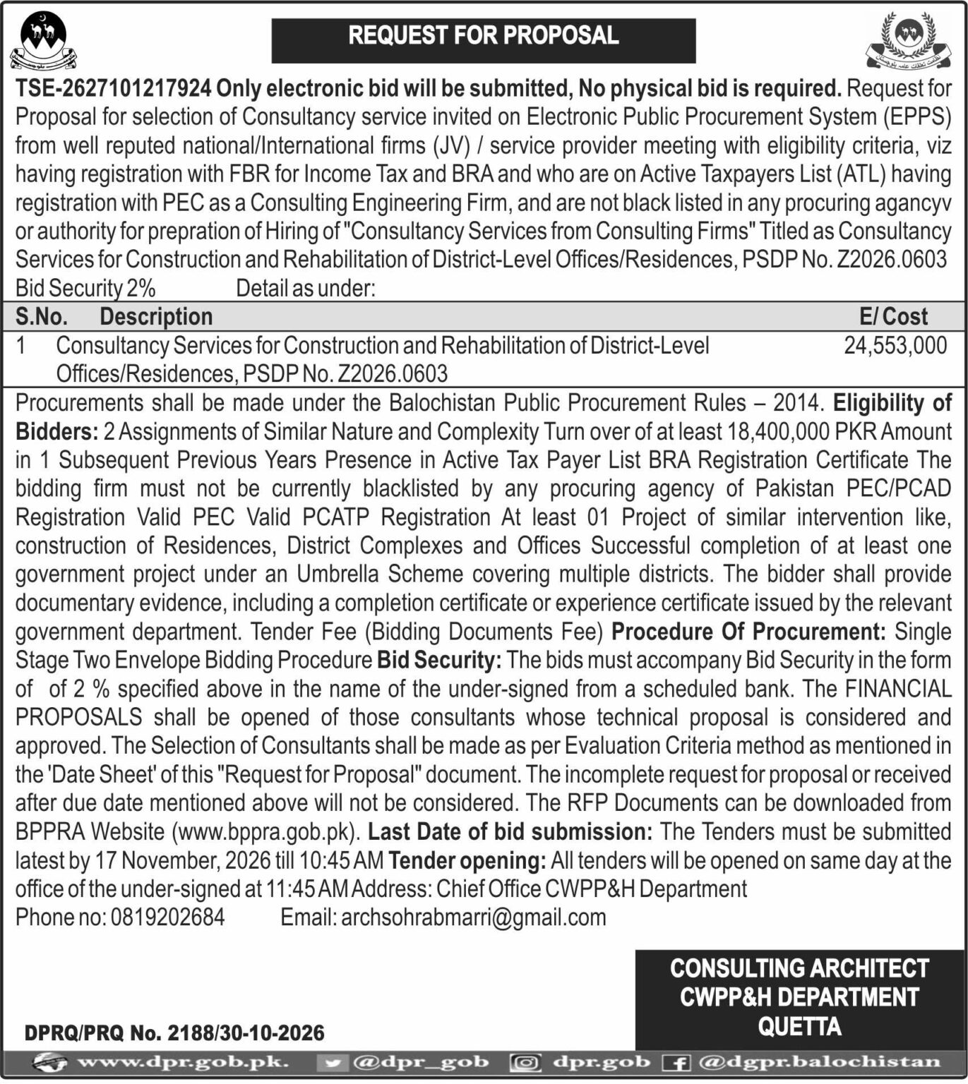 Consulting Architect CWPP&H Department Quetta (Request For Proposal)