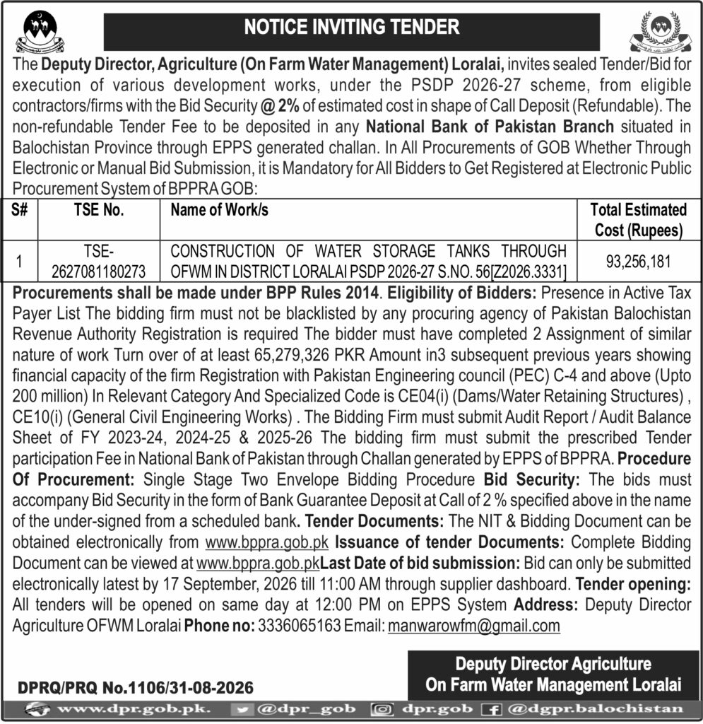 Deputy Director Agriculture On Farm Water Management Loralai ((NIT)