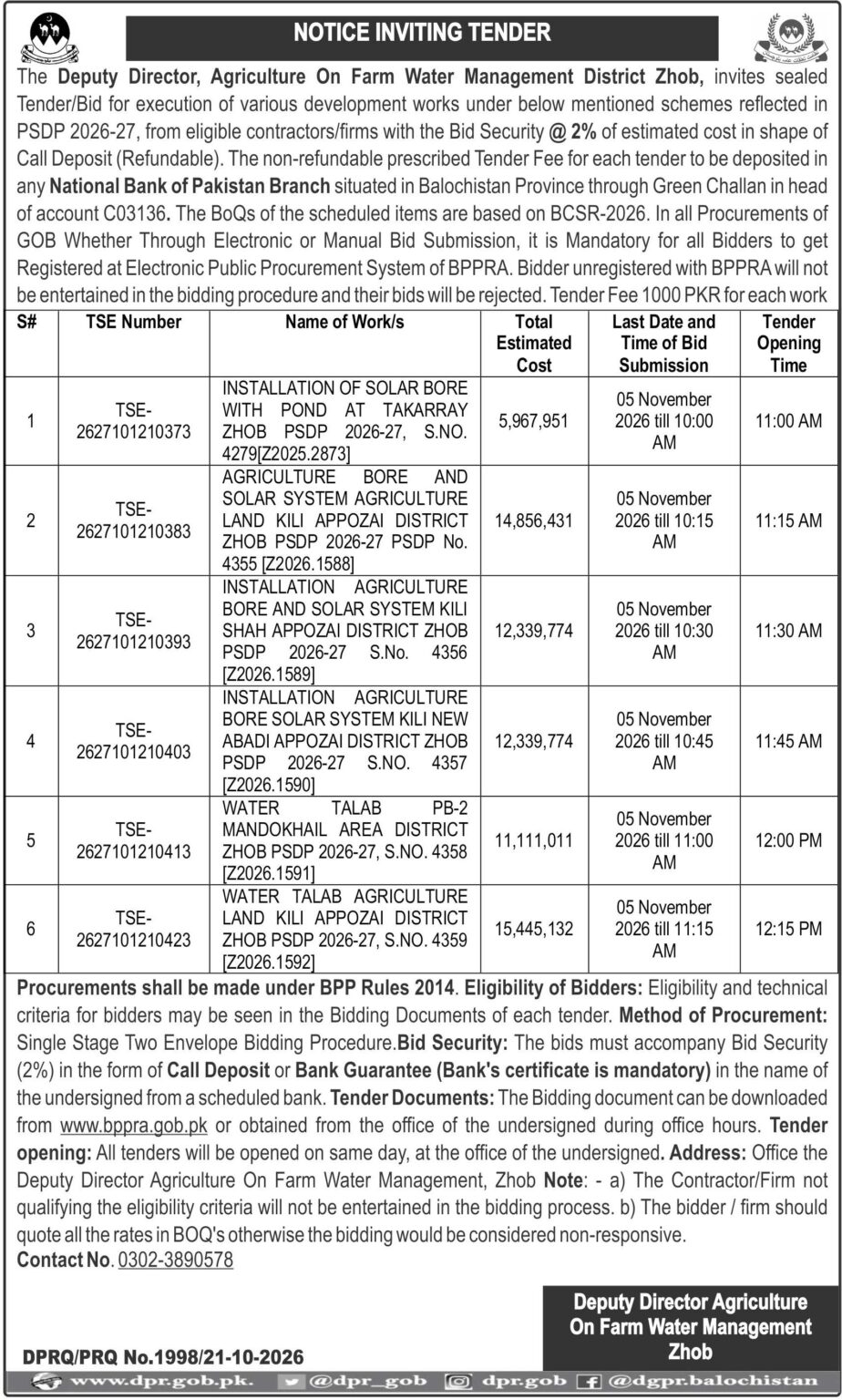 Deputy Director Agriculture On Farm Water Management Zhob (NIT)
