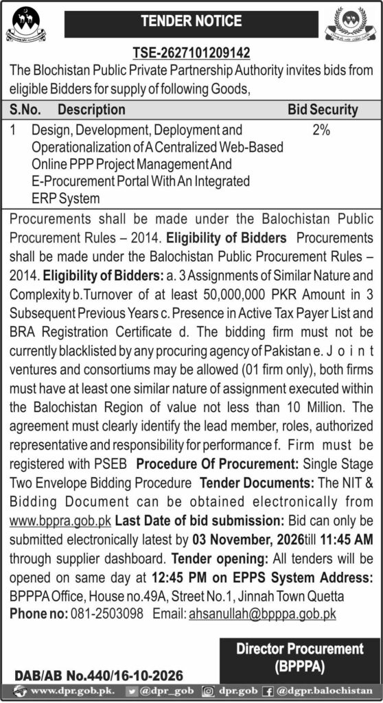 Director Procurement (BPPPA) Tender Notice