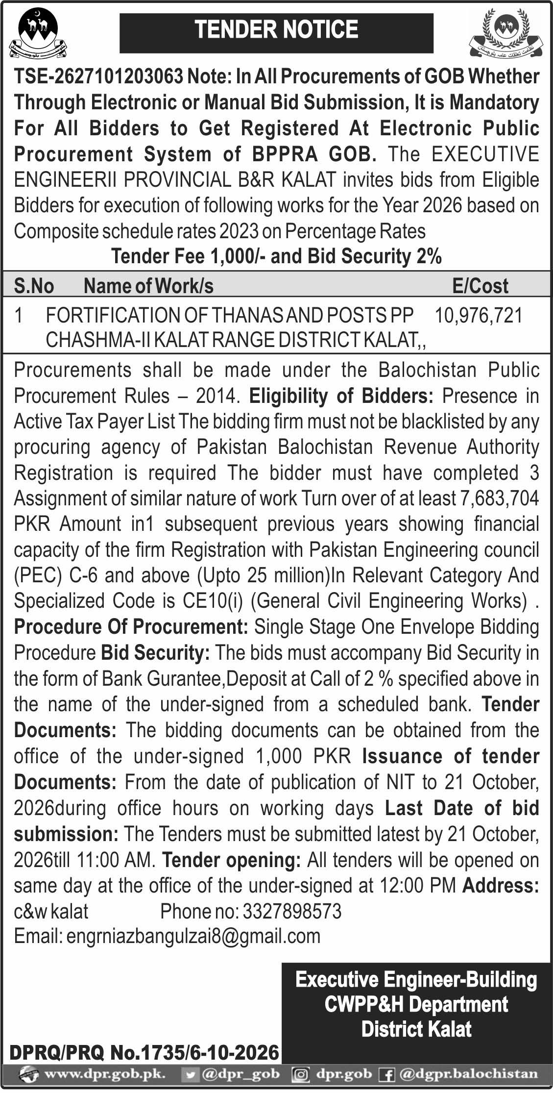 Executive Engineer Building CWPP&H Department District Kalat (TN)