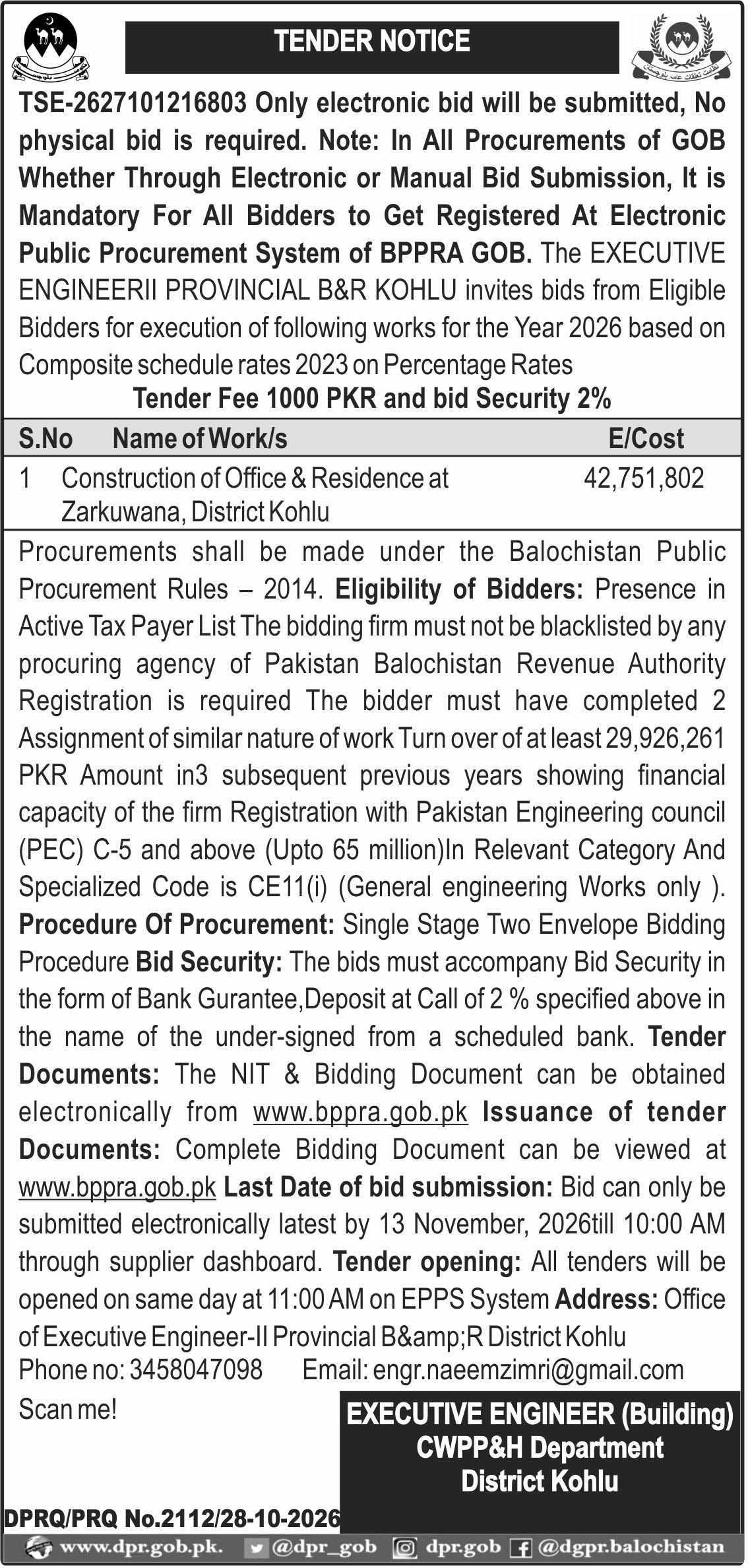Executive Engineer Building CWPP&H Department District Kohlu (TN)