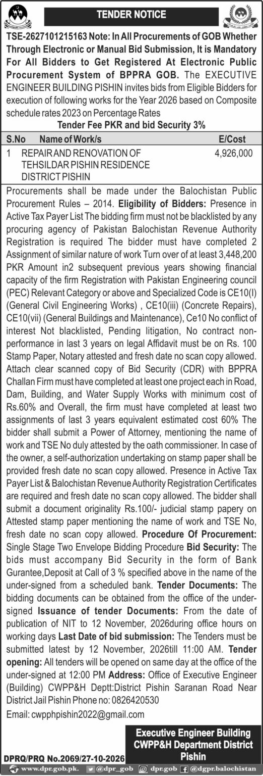 Executive Engineer Building CWPP&H Department District Pishin (TN)