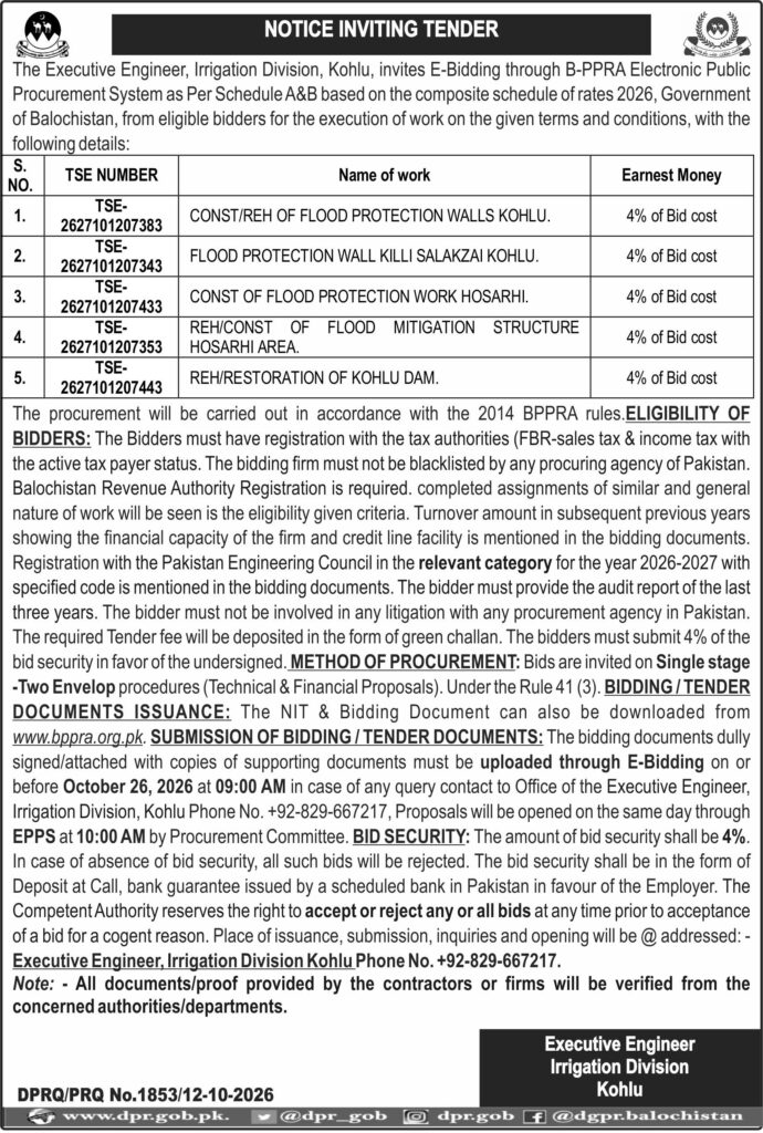 Executive Engineer Irrigation Division Kohlu (NIT)