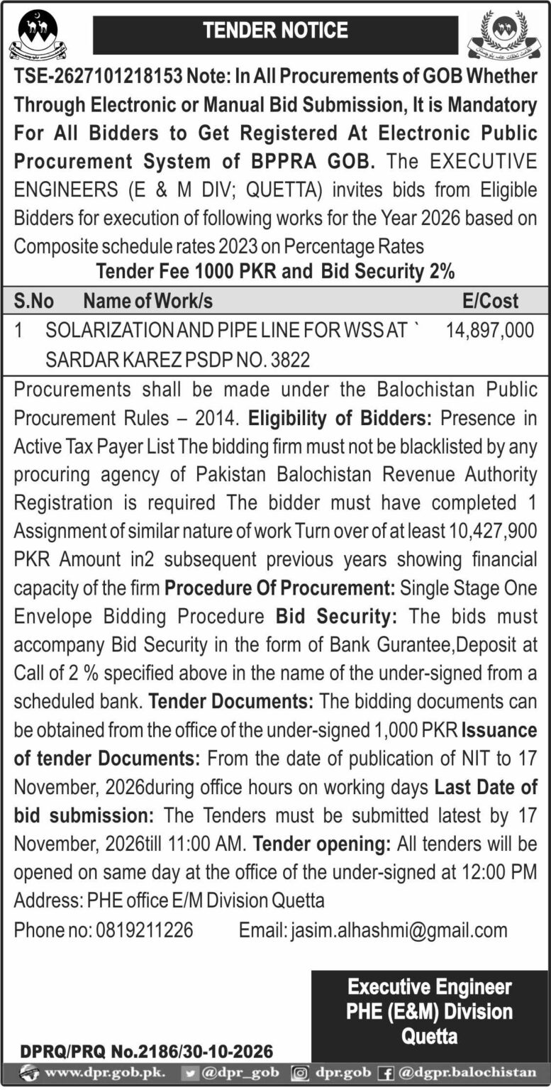 Executive Engineer PHE E&M Division Quetta (TN)
