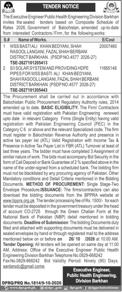 Executive Engineer Public Health Engineering Division Barkhan (TN)