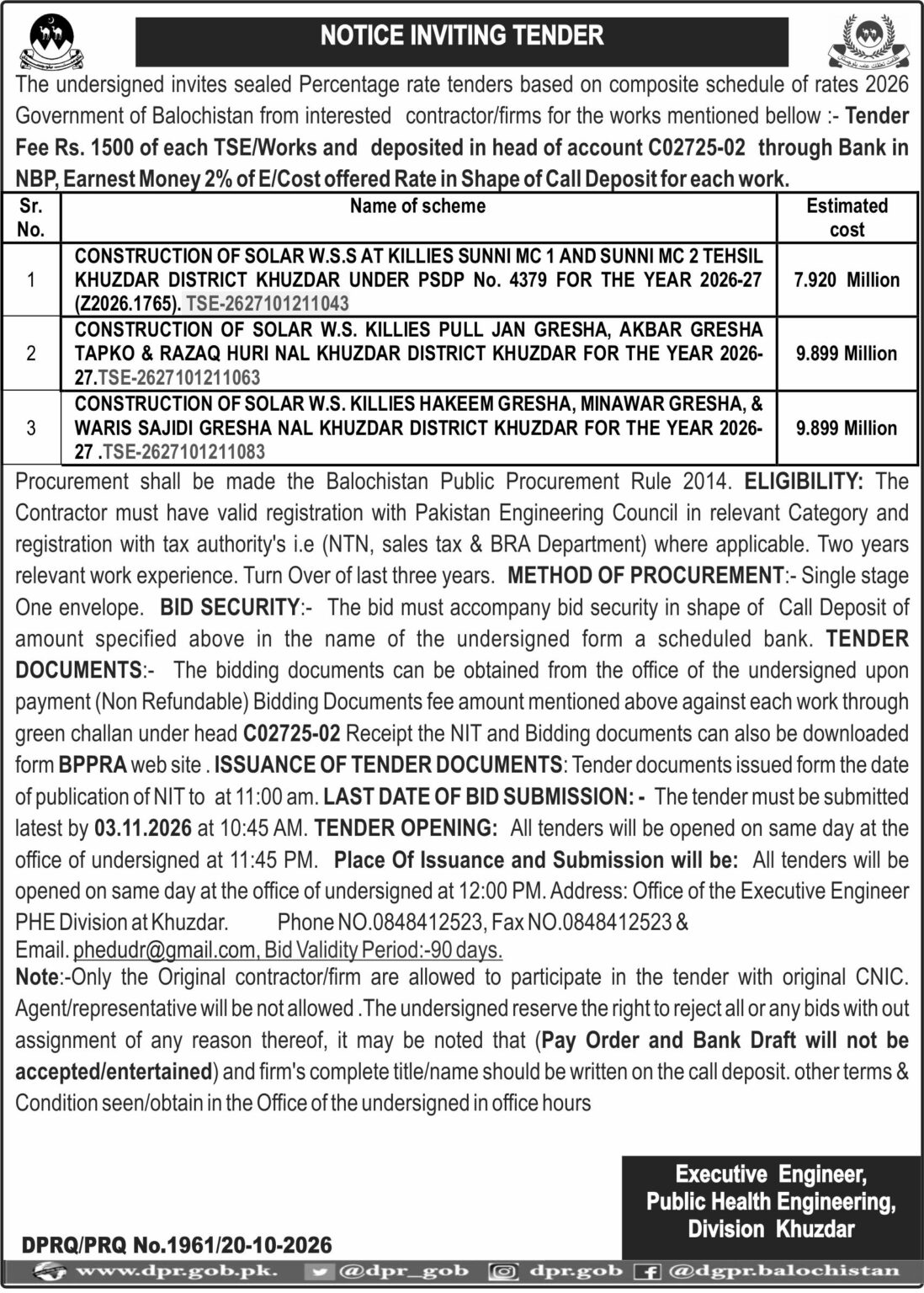 Executive Engineer Public Health Engineering Division Khuzdar (NIT)