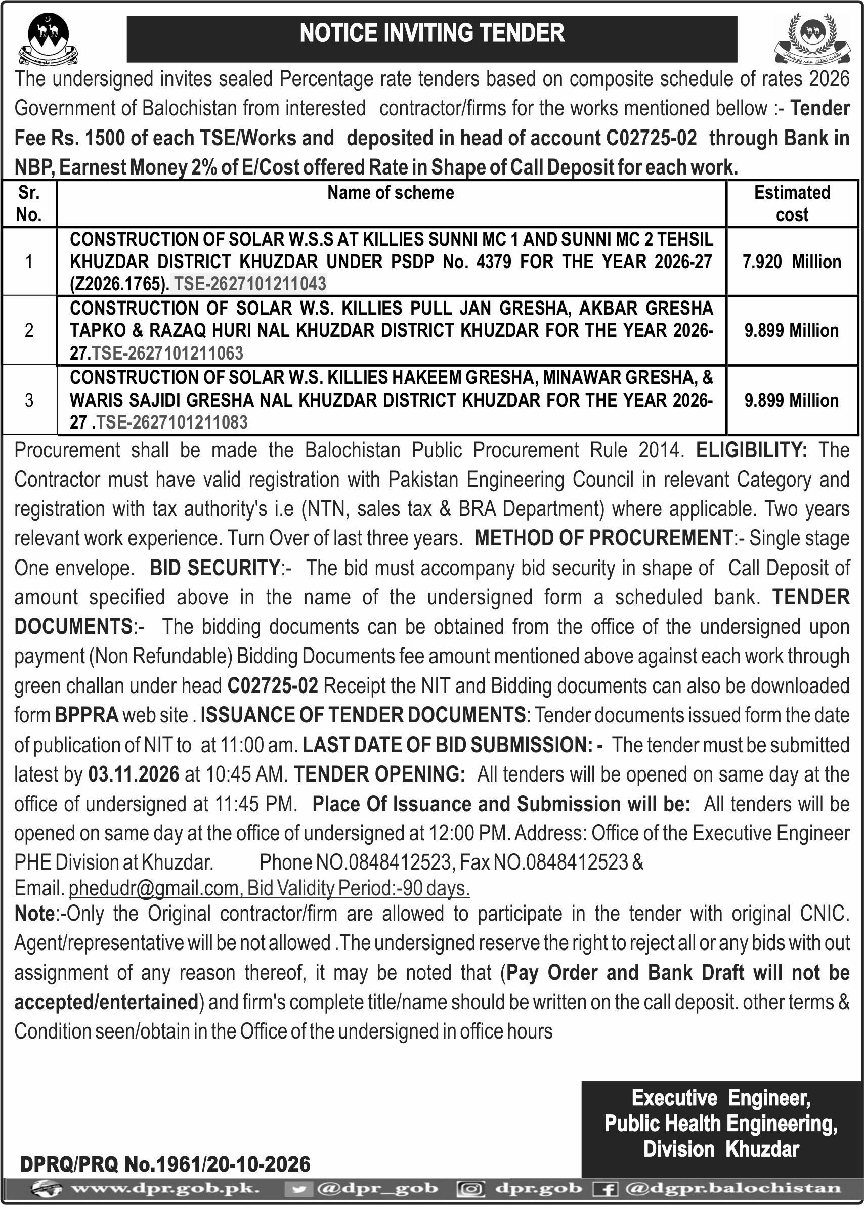 Executive Engineer Public Health Engineering Division Khuzdar (NIT)