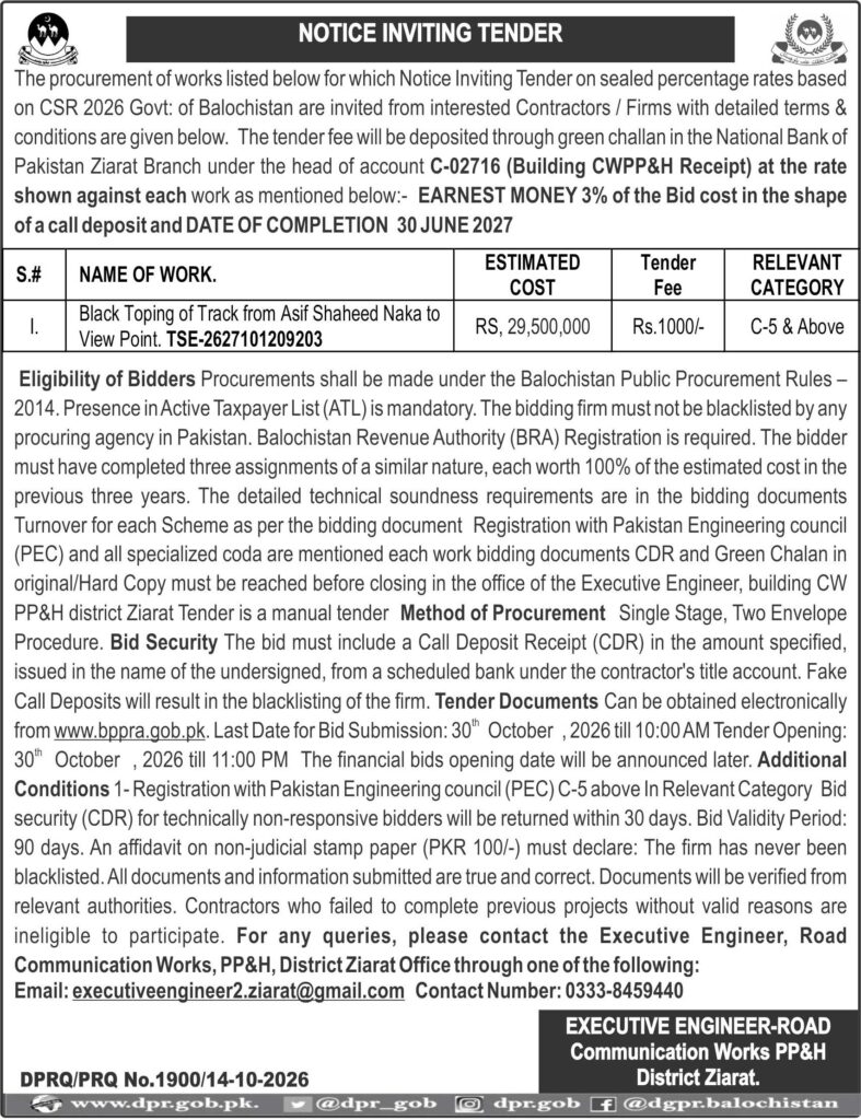 Executive Engineer Road Communication Works PP&H District Ziarat (NIT)