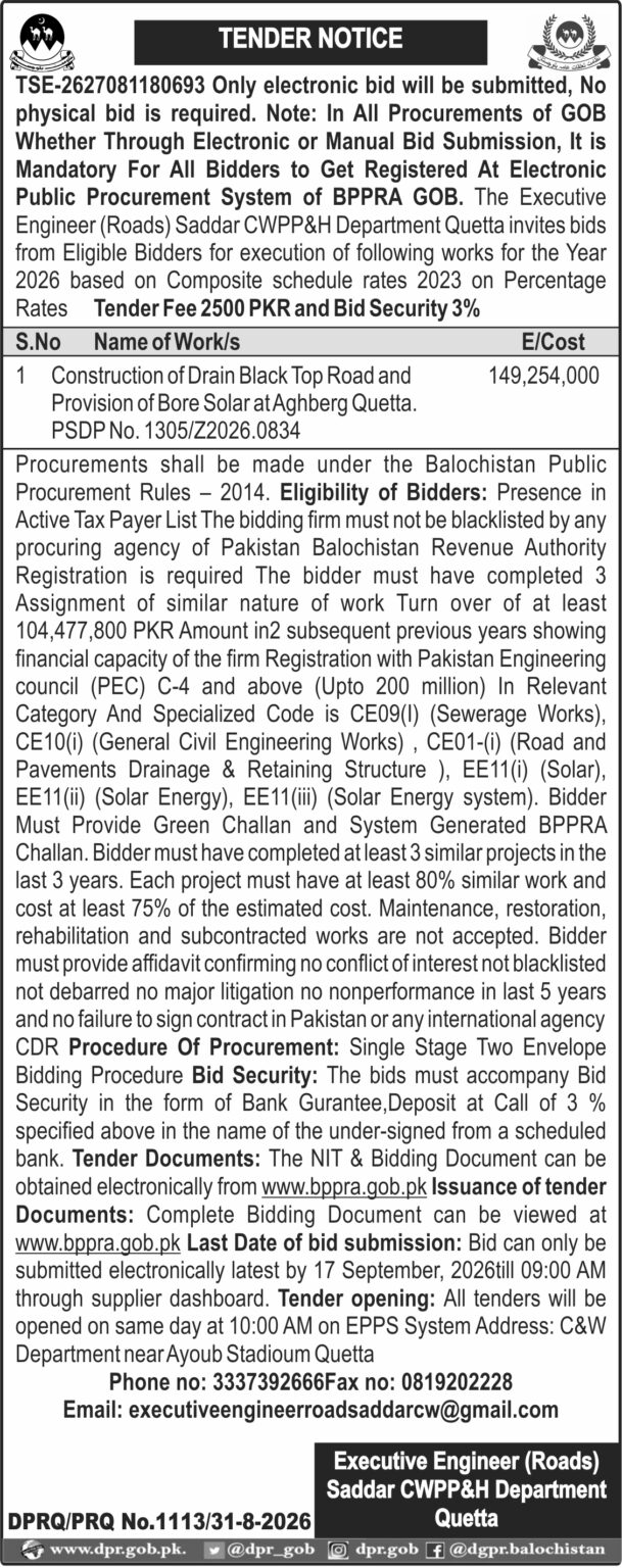 Executive Engineer Roads Saddar CWPP&H Department Quetta (TN)