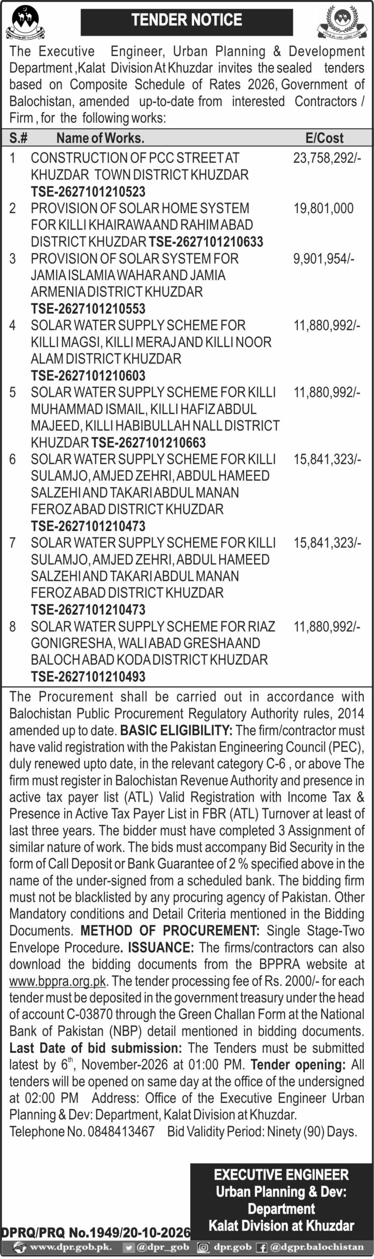 Executive Engineer Urban Planning & Dev, Department Kalat Division at Khuzdar (TN)