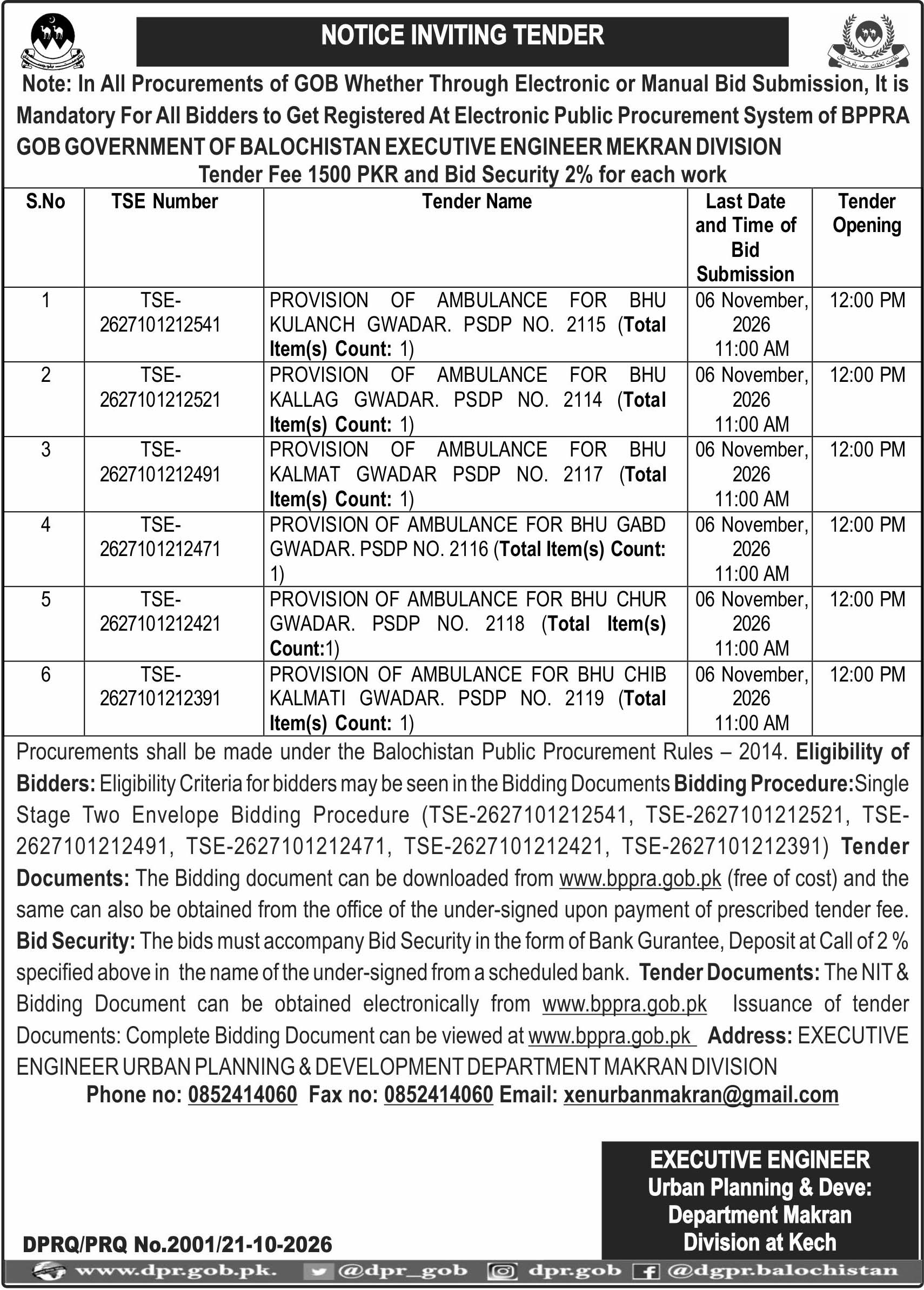 Executive Engineer Urban Planning & Deve, Department Makran Division at Kech (NIT)