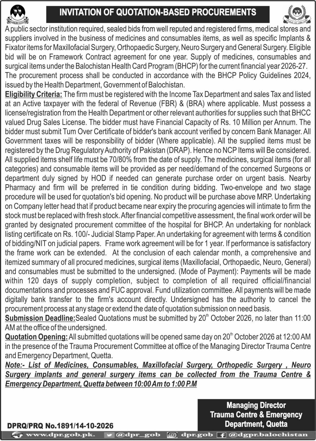 Managing Director Trauma Center & Emergency Department Qta (Invitation Of Quotation-Based Procurements)
