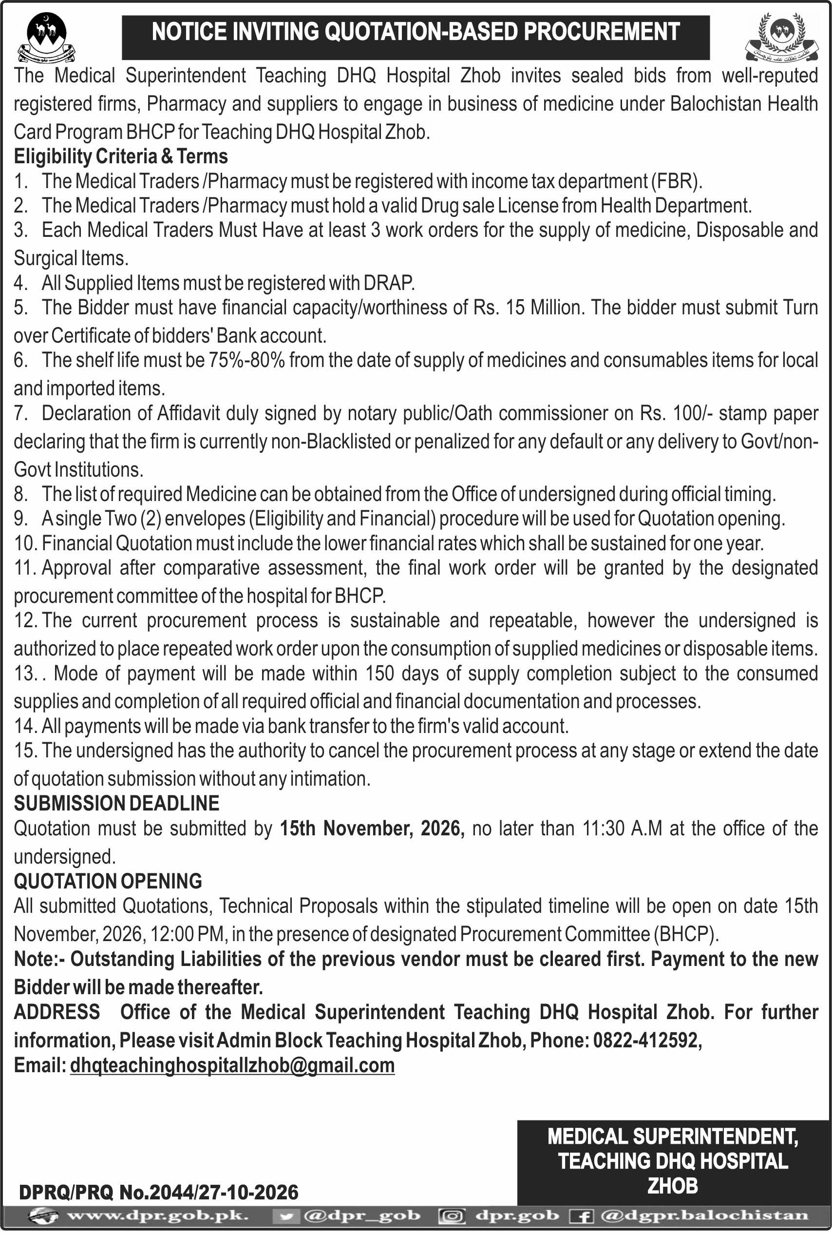 Medical Superintendent, Teaching DHQ GHospital Zhob (Notice Inviting Procruement)