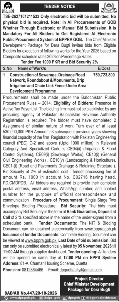 Project Director Chief Minister Development Package for Dera Bugti (TN)