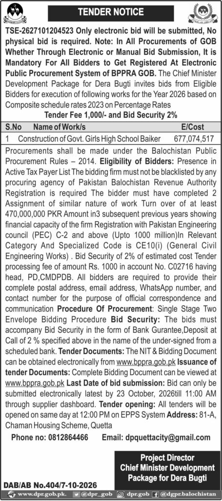 Project Director Chief Minister Development Package for Dera Bugti (TN)