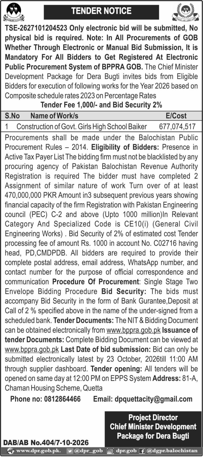 Project Director Chief Minister Development Package for Dera Bugti (TN)